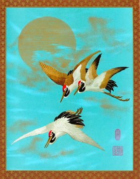 Tres Grullas Sarus Volando Frente a la Luna
